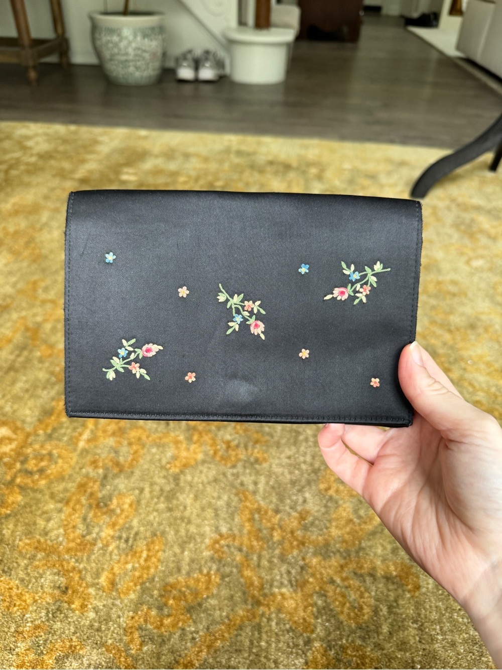 Vintage Parisian Silk Handmade Black Floral Embroidered Clutch Wallet